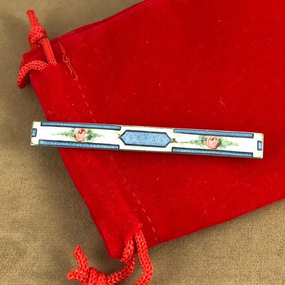 Pink Flowers Guilloche Enameled Sterling Bar Pin - Picture 6 of 6